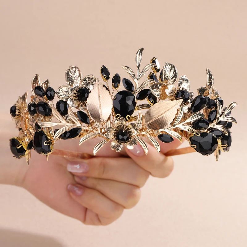 Luxury Flower and Leaf Bridal Rhinestone Headband Crown Gold Black Diamonds for Women Tiara Handmade Wedding Hair Accessories