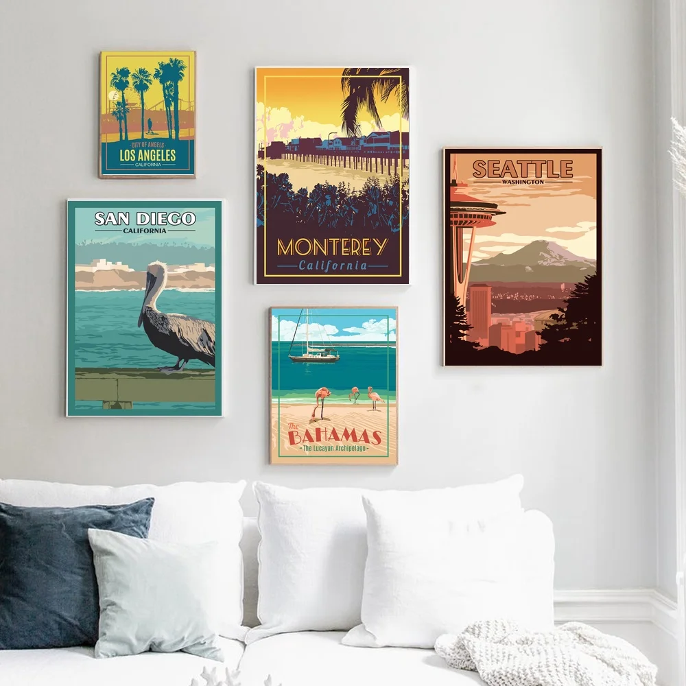 United States Los Angeles California San Diego CA Monterey Bahamas Caribbean Seattle WA Travel CANVAS Poster | Дом и сад