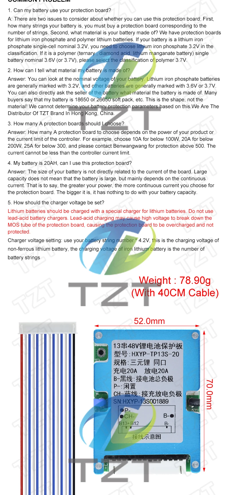 TZT BMS 13S 48V 20A Lmo Ternäre Li-Ion Lithium 18650 Batterieladeschutzplatine mit Kühlkörper Gemeinsamer Anschluss 2-in-1 – Detail 4