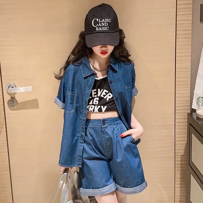 

Джинсовый комплект для девочек, топ с коротким рукавом и шорты, повседневная школьная одежда, синий комплект из двух предметов, одежда для детей 10, 12, 13, 14 лет, на лето