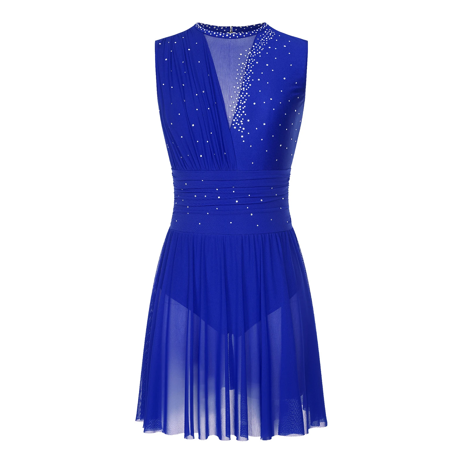 Gerafftes Ballett- und Lyrik-Tanzkleid für Damen, runder Kragen, ärmellos, Strass, rückenfreies Kleid für Bühnenauftritte und Wettbewerbe – Detail 29