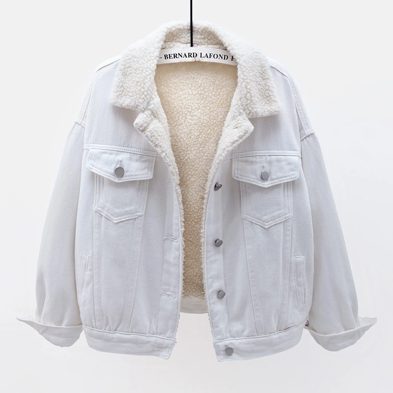 

Women Lamb Wool Jean Jacket Korean Vintage Single Breasted Fleece Denim Coat 2021 Winter Fashion Casual Warm Thickened Jackets