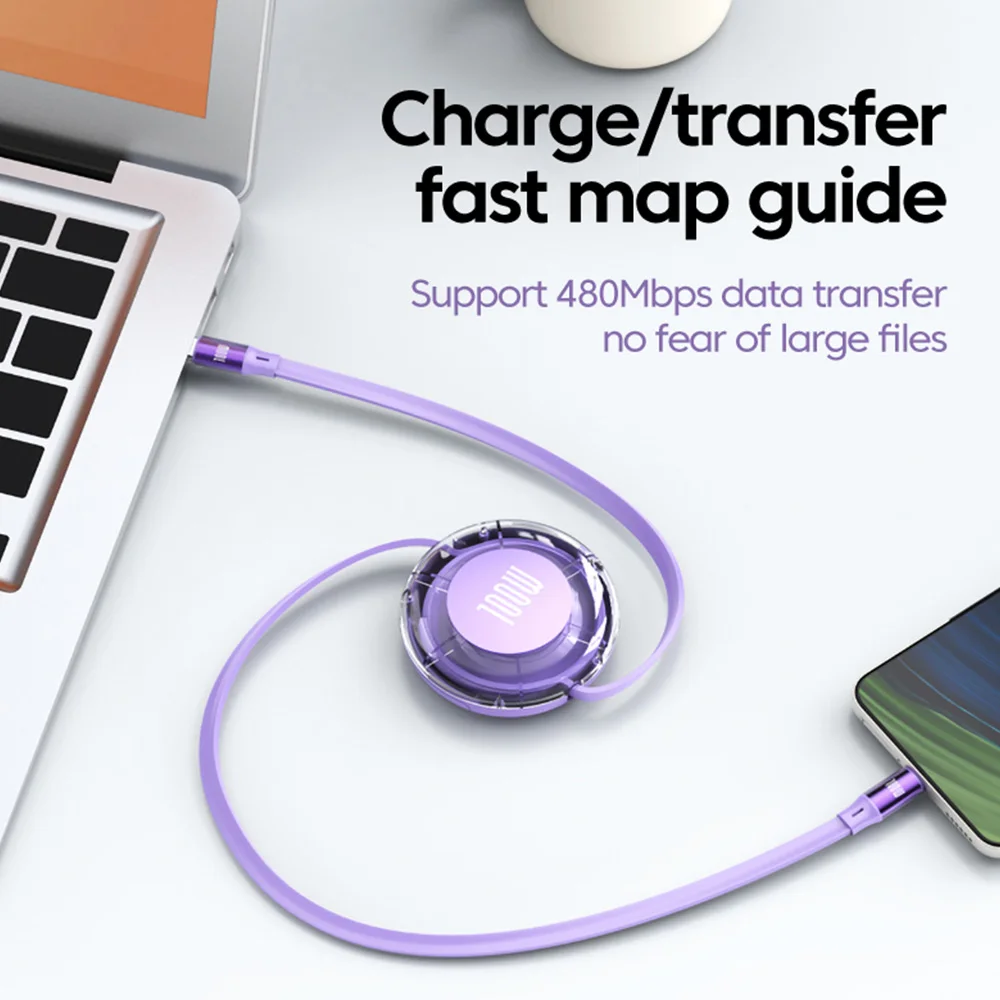 Retractable PD 100W Cable USB Type C to Type C Fast Charging USB C to USB C Cable For iPhone Huawei Tablet PC Laptops Data Wire