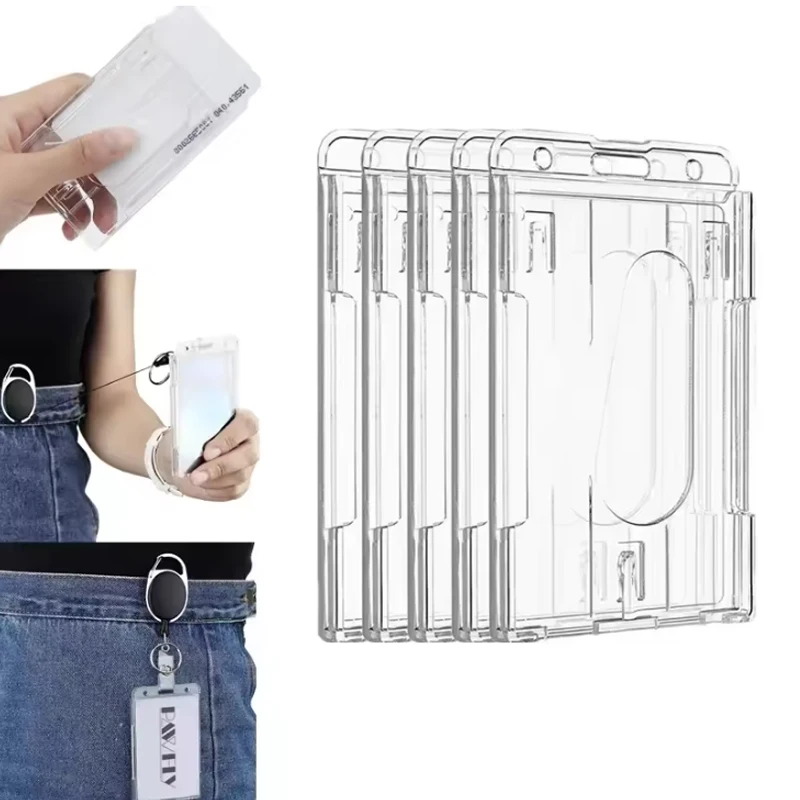 1/5Pcs Schlüsselbund Abzeichen Reel Versenkbare Pass Arbeit Genehmigung Fall Hülse Dual Karte Slot Karte Halter Schutz ID Tag abdeckung NEUE – Detail 3