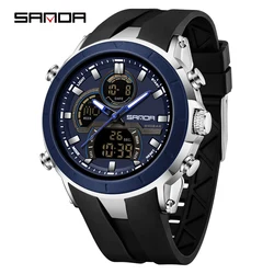 SANDA Sports Digital Quartz Watch for Men - Dual Display, Large Dial, Waterproof, Luminous Calendar (Black Blue)