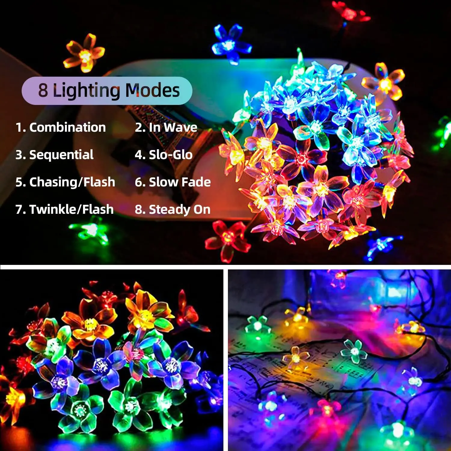 Solar LED Cherry Blossom String Lights with 8 Lighting Modes for Outdoor Garden and Christmas Decor