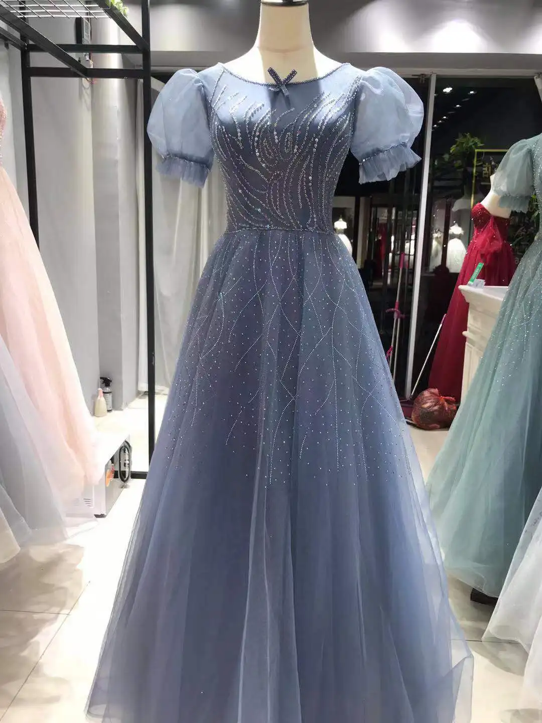 SSYFashion Luxury Sequins Beading Evening Dress Puff Sleeve A-line Scoop Long Formal Party Gowns for Women 6 Colors Custom Size evening dresses for weddings Evening Dresses