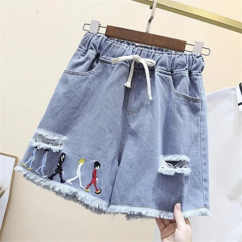시크한 디자인의 찢어진 반바지 여성용, 헐렁한 청바지, 여름 자수, 판탈롱, 코르토스, 하이 웨이스트, 데님 팬츠, 블루 쇼트 바케로 2