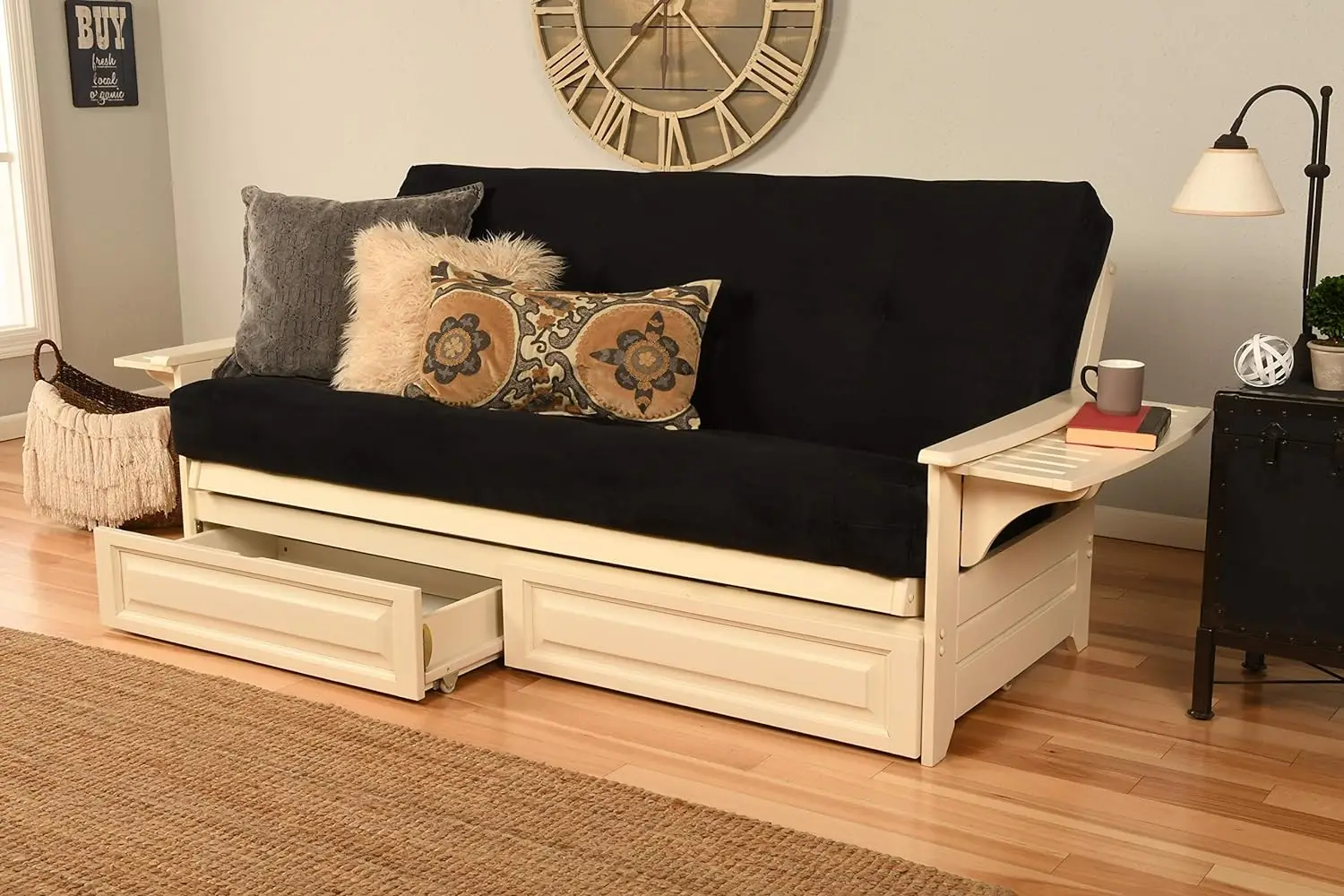 

Furniture Phoenix Futon with Suede Fabric Mattress in Black/Antique White
