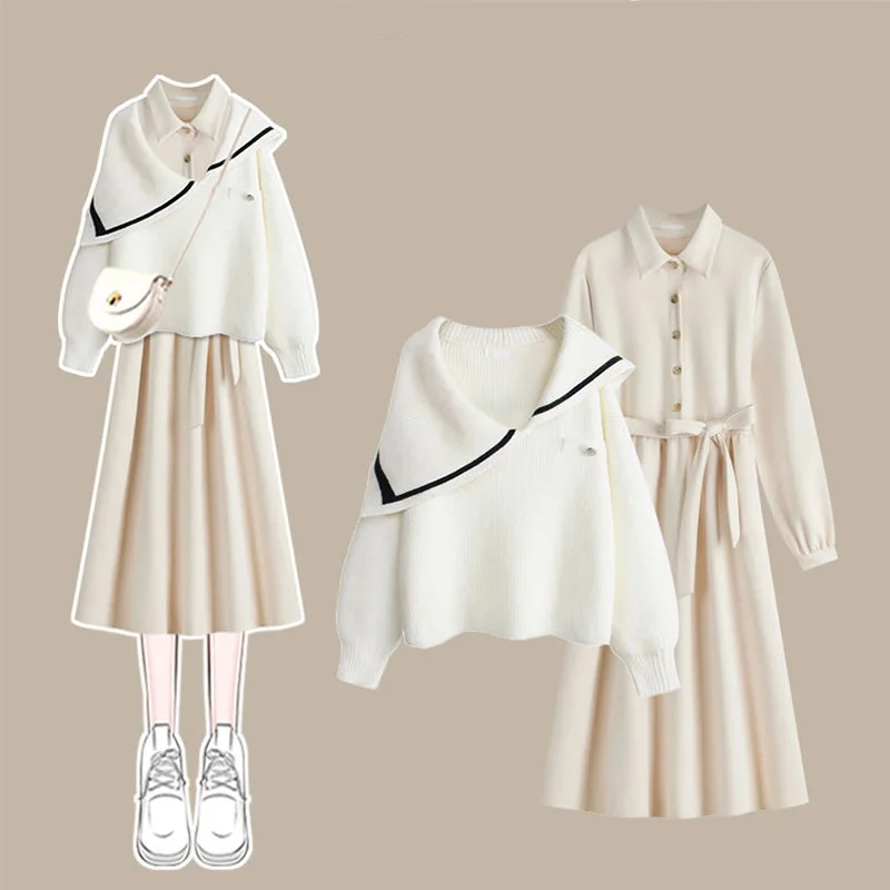 Autumn and Winter Set Women\'s 2023 New Style Wear Loose Sweater to Show Slim Versatile Dress Two Piece Setwinter clothes women