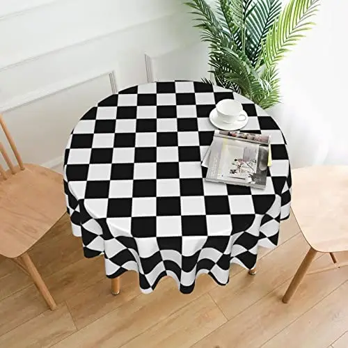 Black White Race Checkered Flag Round Tablecloth Waterproof Stain