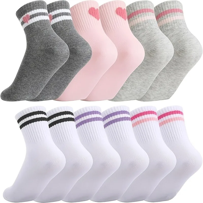 3 Pairs 9-12years Kids Girls Crew Athletic Socks with Retro Stripes Hearts Cartoon Patterns for Running Sport Outdoor