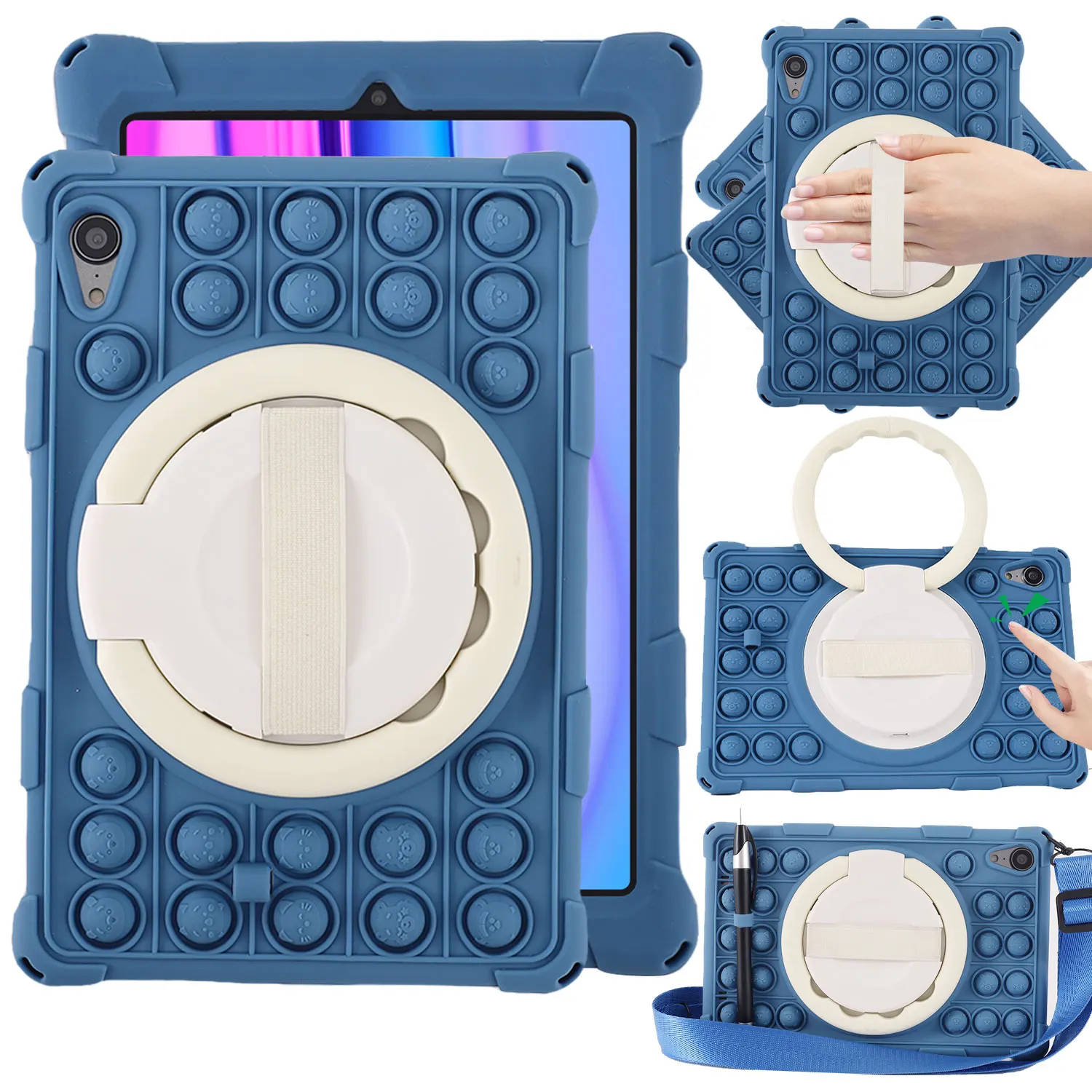 Shockproof Silicone Cartoon Bubble Kids Tablet Case with Shoulder Strap & Stylus Holder