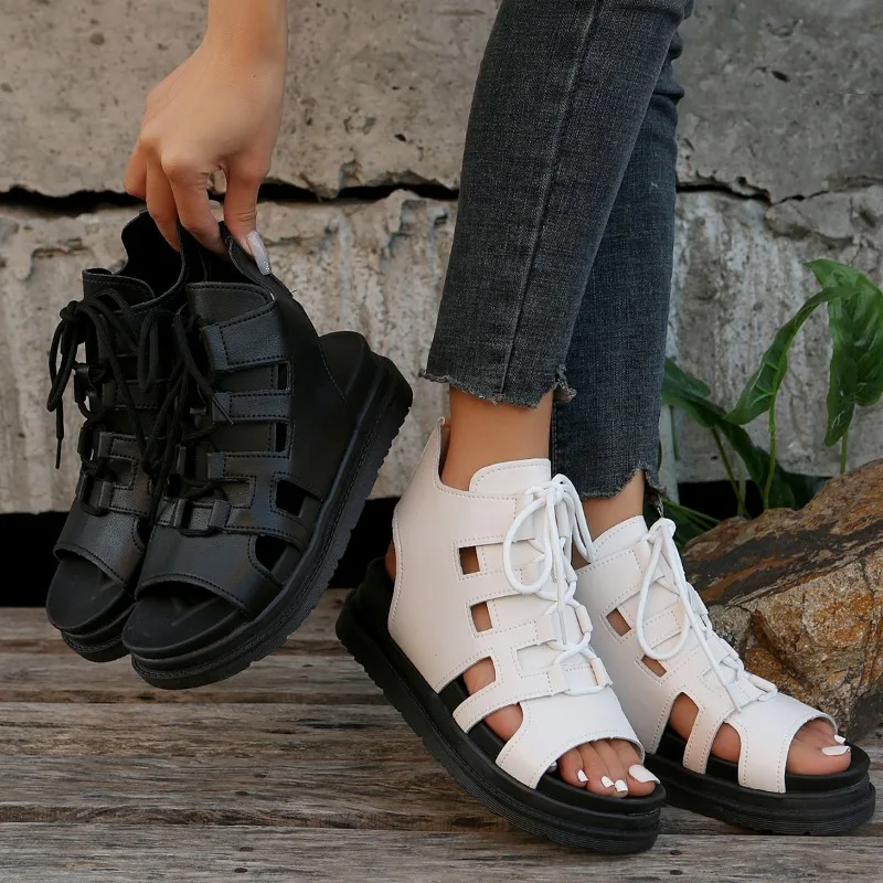 Wedge Heel Thick-Soled Roman Shoes Leather Sandals Summer New Fish Mouth Peep Toe Shoes Women's Sandals