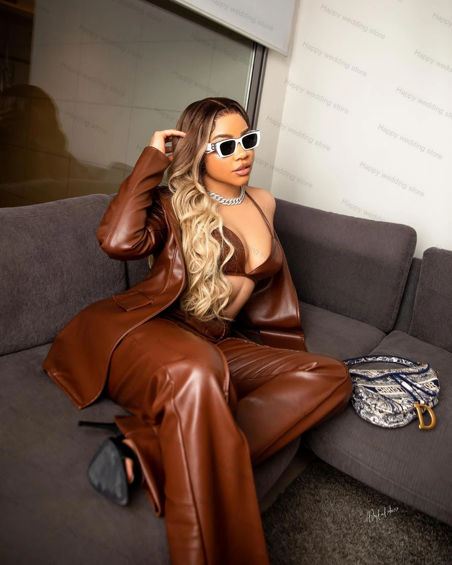 

Women Suits PU Leather Set Blazer+Straight Pants 2 Pieces Double Breasted Formal Office Lady Jacket Prom Dress Custom Made