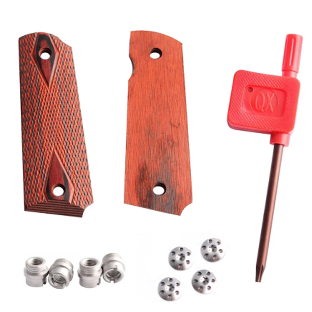 1911 Checkered Wood Grips With Allen Screws & SS Grip Screws Bushings For Tactical hunting