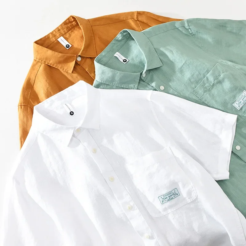 Men Pure Linen Short-sleeved Shirt Spring Summer Fresh Literature and Art Leisure Square Neck Linen Top Workwear CM3023 casual short sleeved shirt linen shirt short sleeved shirt