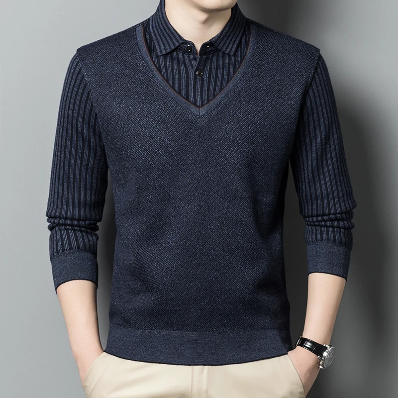 

New Solid Color Men's Shirt-Neck Sweater Fashion Warm Comfortable High Quality Fake Two Casual Knitted Sweater Male