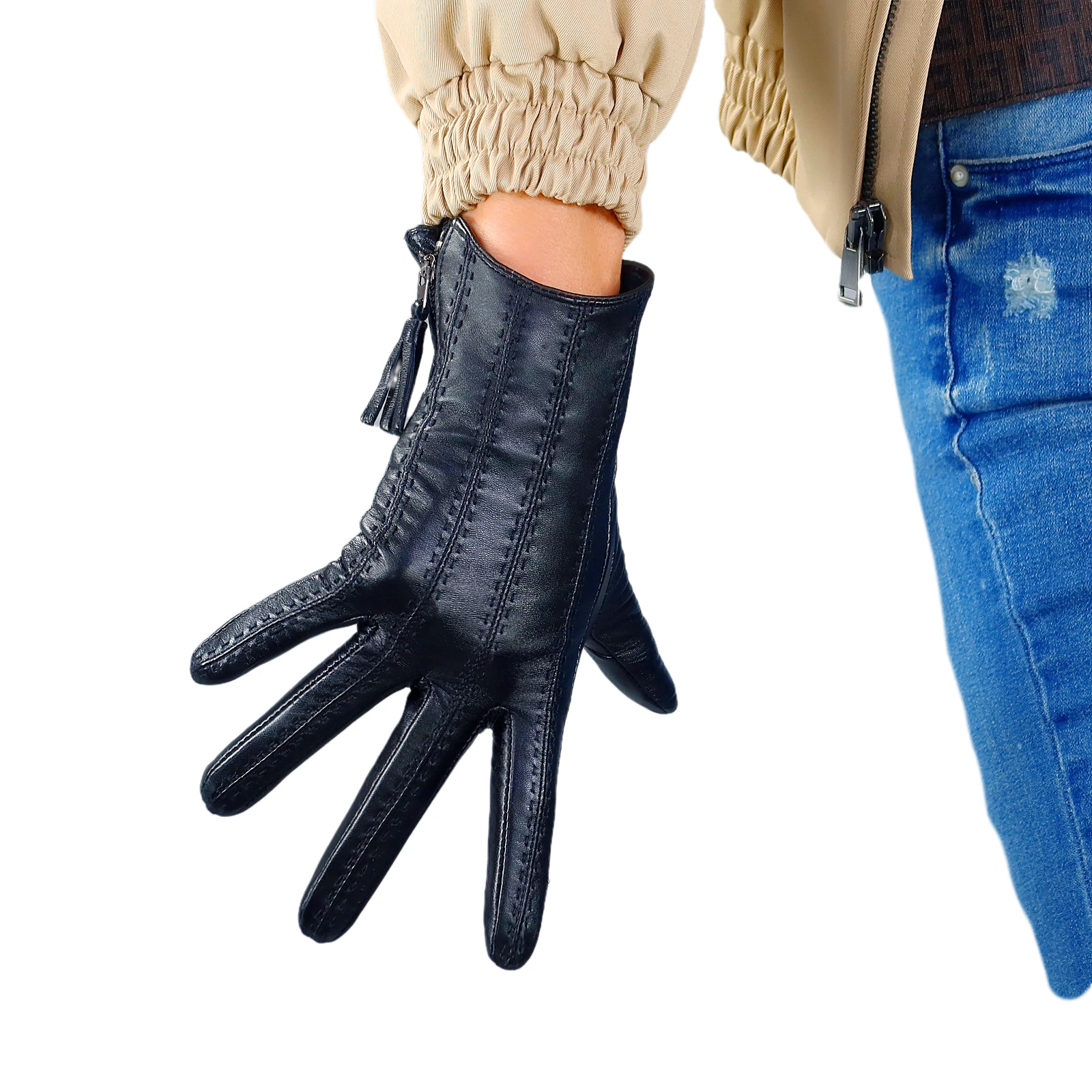 

DooWay Women Black Real Leather TECH Zipper GLOVE Wrist Short Fringe Tassel Touchscreen Handmade Winter Warm Party Finger Gloves