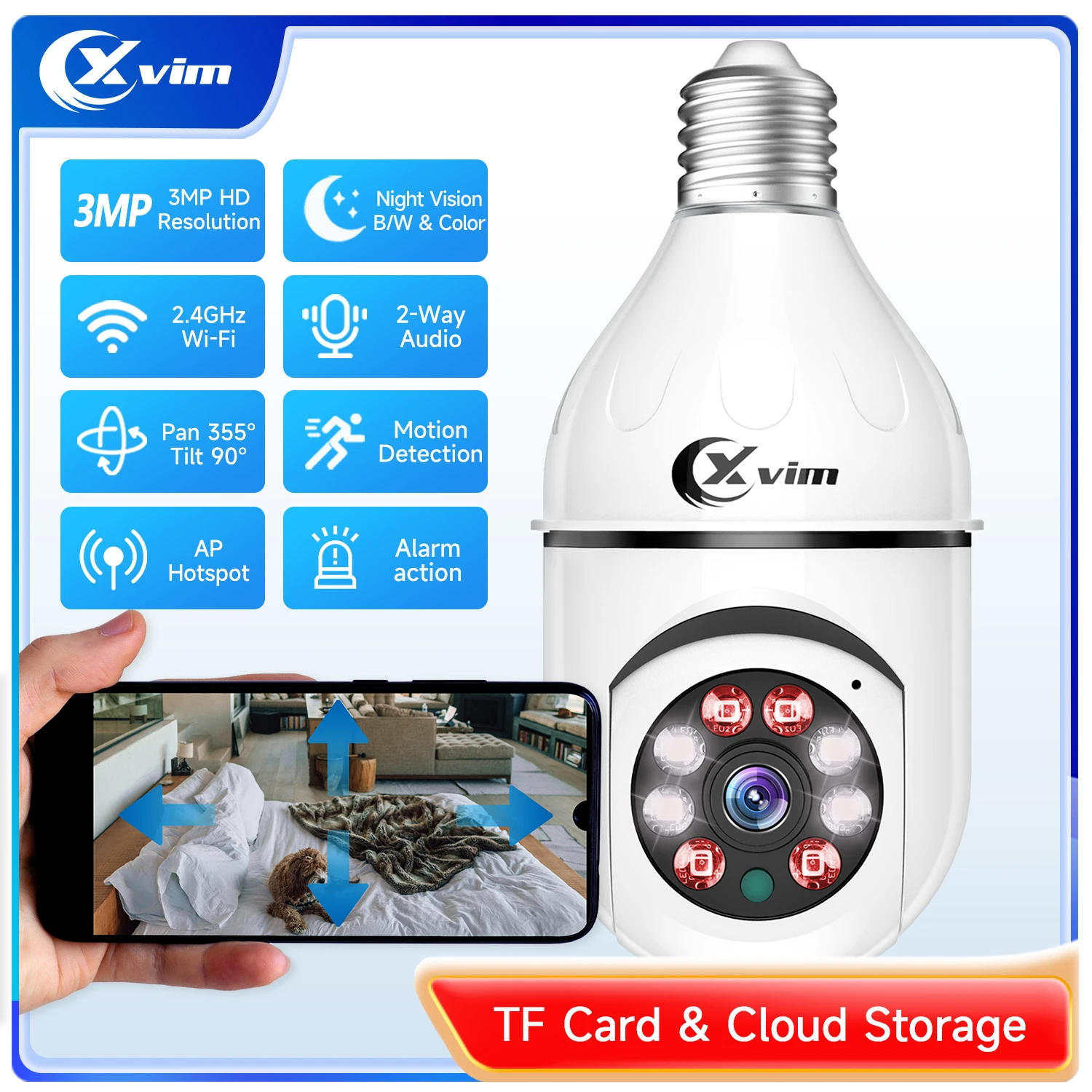 XVIME27LightBulbSecurityMonitorCamera3MPHDNightVisionSmart