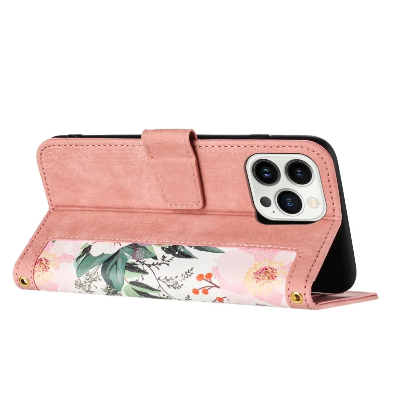 Embossed Flower Leather Wallet Phone Case with Wrist Strap and Card Holder