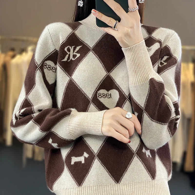 

2023 Autumn/Winter New 100% Wool Cashmere Sweater Women's Embroidery Jacquard Contrast Color Top Half High Neck Knit Pullover