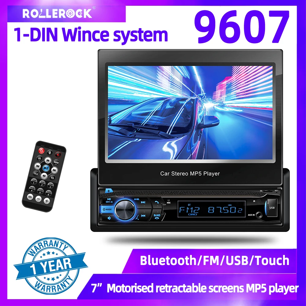 

Rollerock 9607 1 Din Car Autoradio MP5 Electric Telescopic Screen 7'' Bluetooth Player Wince AUX/SD/USB Intelligent System