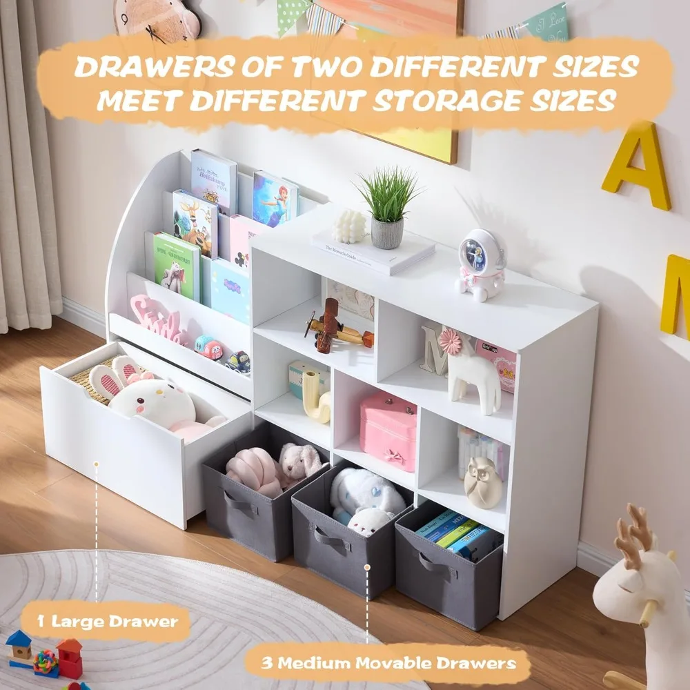 58.5'' Kids Bookshelf Toy Storage Organizer with Movable Drawer & Bins, White Playroom Bedroom Furniture