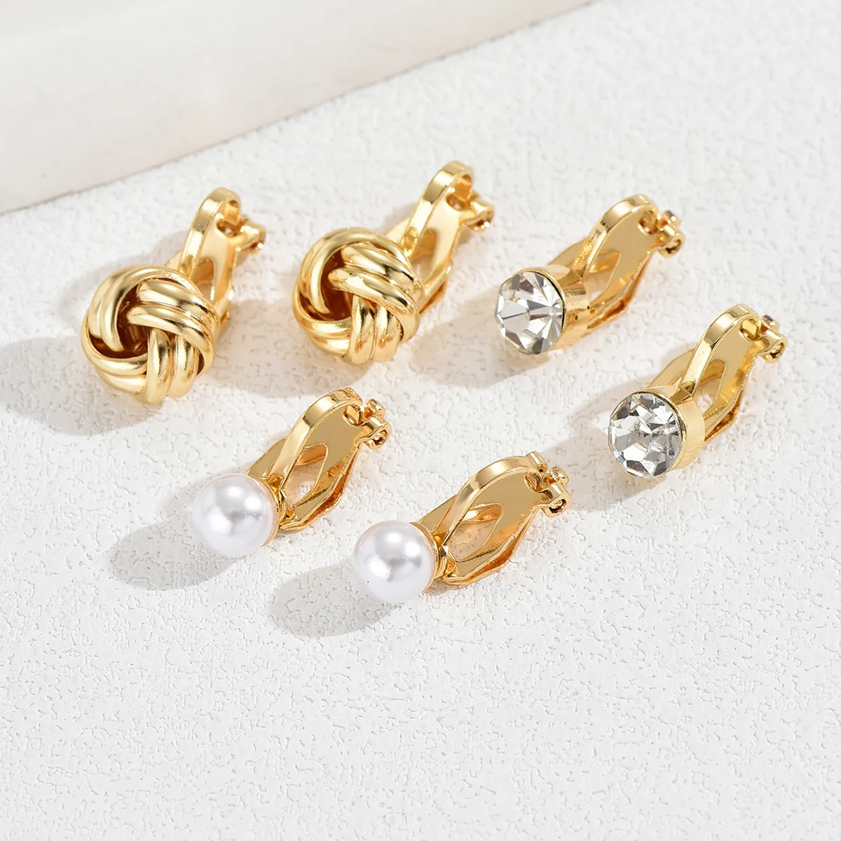 3 Pcs Vintage Pearl Rhinestone Metal Clip On Earrings Set For Women
