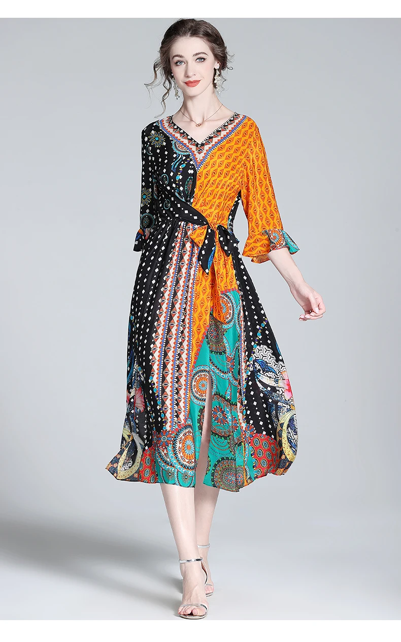 ZUOMAN Casual Floral Mulberry Silk Midi Dress Summer V-Neck