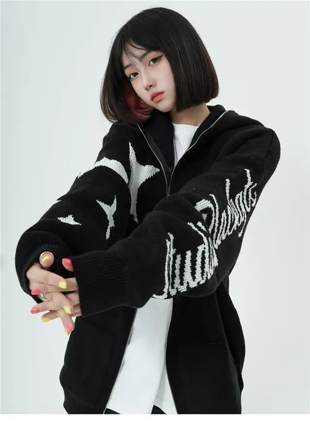 Vintage Letter Star Jacquard Knit Cardigan Sweaters Women Harajuku Streetwear Hooded Knitwear Coats Y2k Punk Casual Sueter Mujer