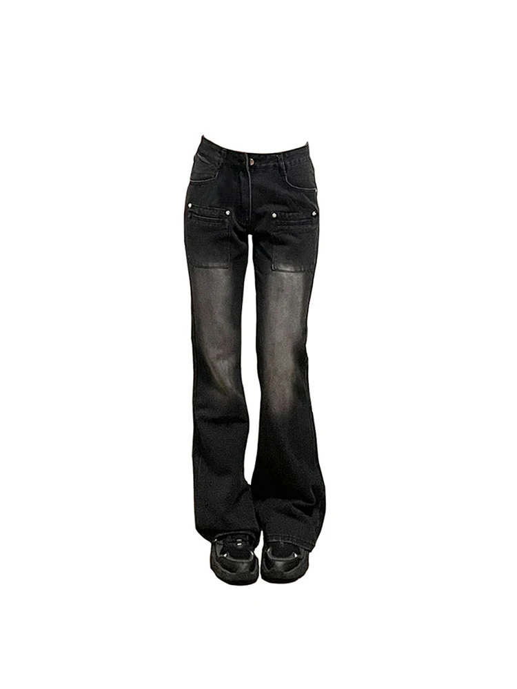 

Women Black Gothic Flare Cargo Jeans Baggy Denim High Waist Trousers Korean Y2k Streetwear Female Vintage Wide Leg Pants Clothes