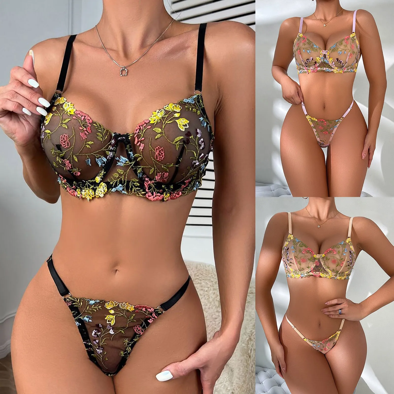 Sexy Lace Floral Mesh Bra and Underwear Set