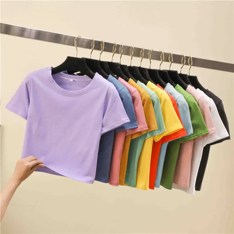 9 Colors Solid Crop Top Women Summer Sexy T-shirt Woman Short Sleeve O-Neck Tee Shirt Femme Skinny Basic Tshirt Korean Clothes
