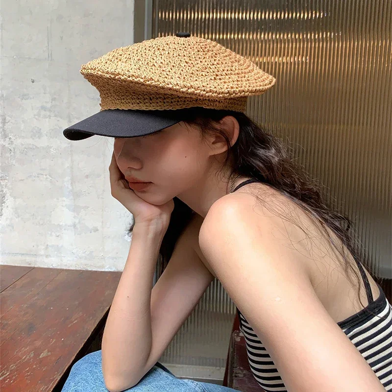 여성용 빨대 직조 베레모 모자, 야외 해변 빨대 모자, 조절 가능한 접합 모자, 우아한 프렌치 베레모, 여름 휴가