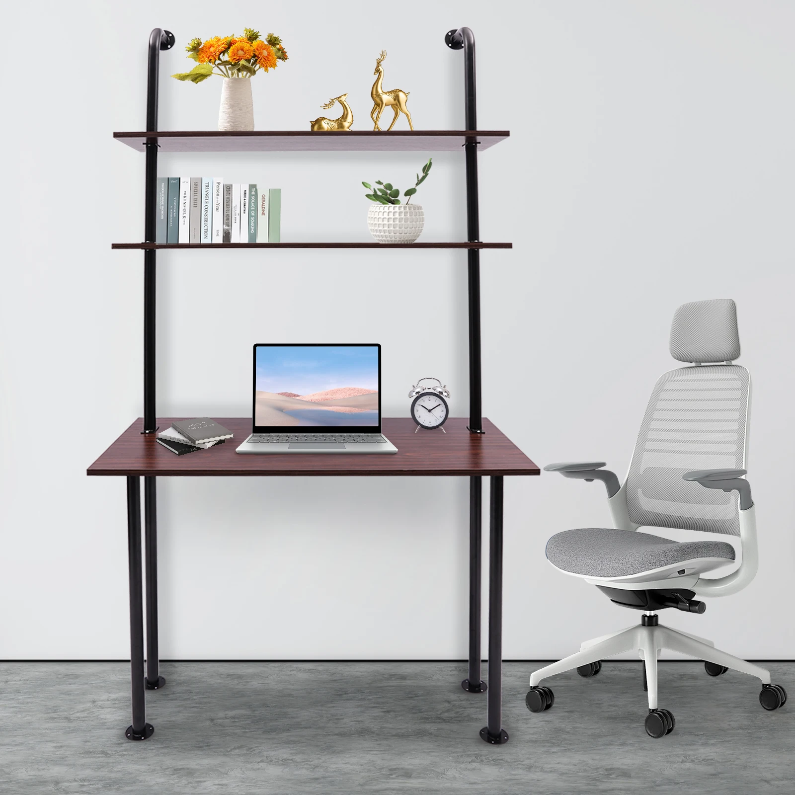 Wall Mount Desk 3 Tiers Computer Writing Table Laptop Industrial Bookcase Floating Pipe Ladder with Shelf for Home Office School 4