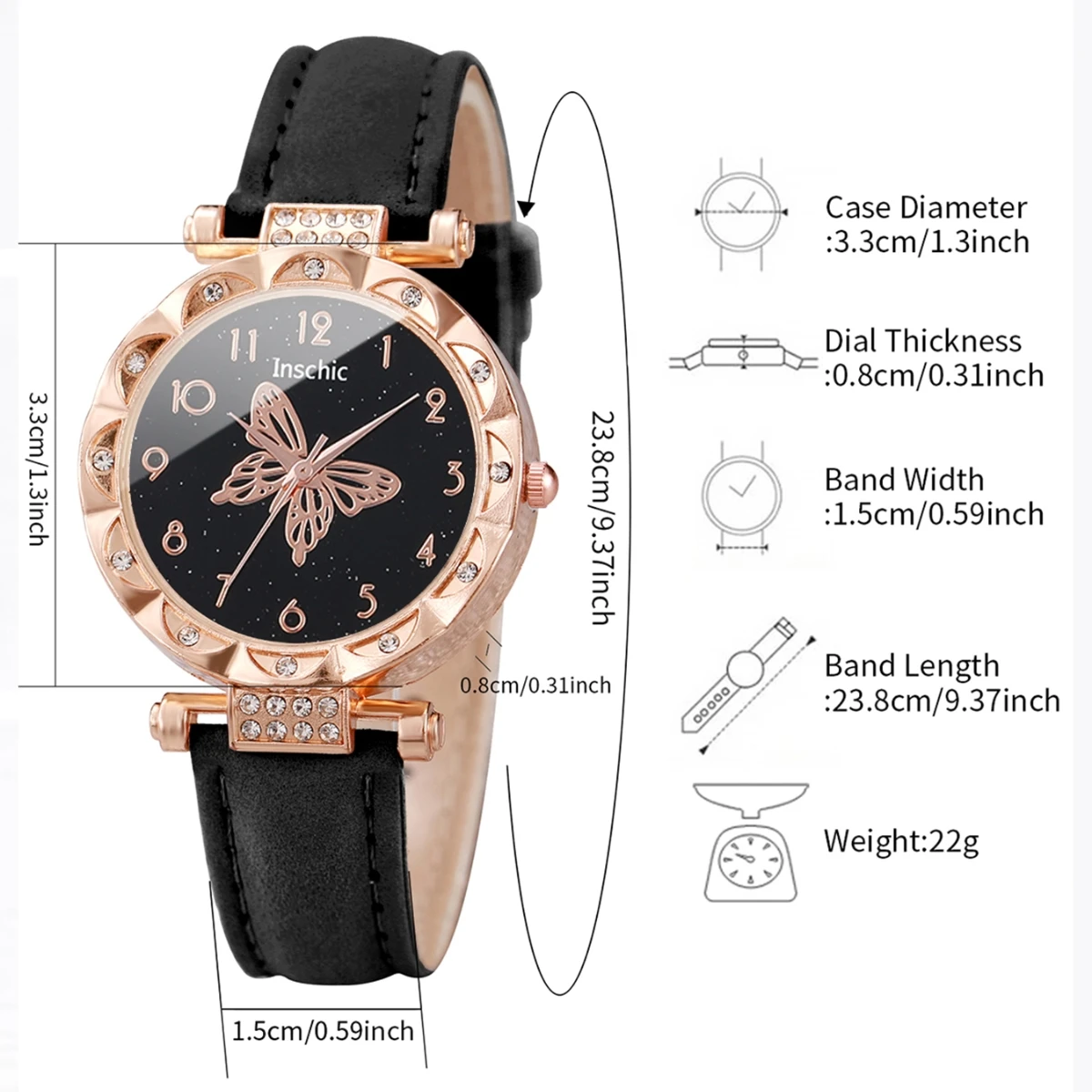 2PCs/Set Women Butterfly Dial Watch Black Pink Color Leather Strap Quartz Watch