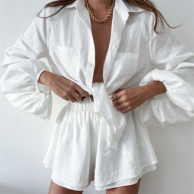 Linen Ruffle Shorts Sets 2 Pieces Women 