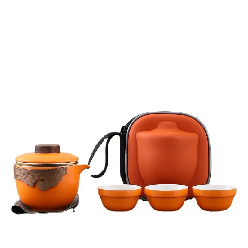 

Chinese Kung Fu Travel Set with Travelling Bin, Ceramic Portable Teapot, Porcelain Teaset, Gaiwan Tea Cups, Tea Tool