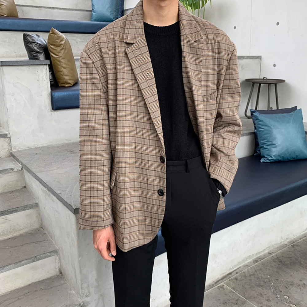 STEVDITG Chic Checkered Stripes Blazer Men Oversized Fashion Casual Suit Daily Jacket Korean Loose One Piece Office Formal Man