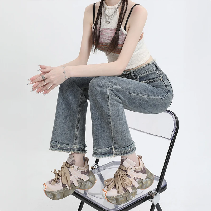 Retro Blue Washed Jeans Women Fashion Korea Dongdaemun 2023 Female Casual High Waist Denim Trousers Baggy Wide Leg Pants Black