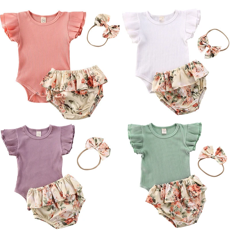 Summer Infant  Newborn Baby Girl Ruffled Ribbed Bodysuit Floral Shorts Headband 3Pcs Clothing Set 0-24M baby clothes mini set