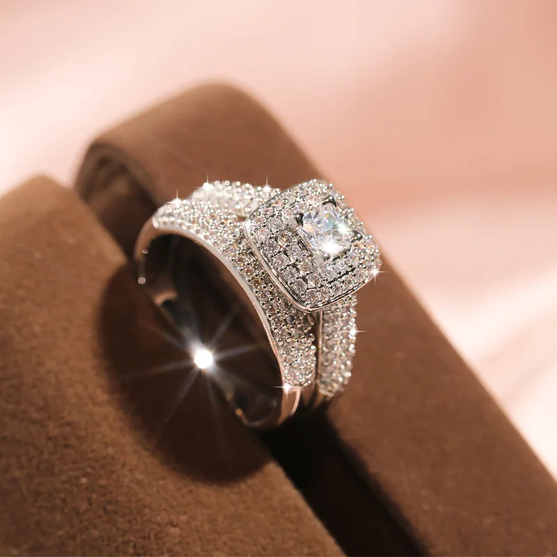 Silver Plate Wedding Engagement Cocktail Zircon Double-layer Finger Ring For Women 925 Silver Ring Set
