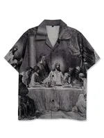 Men's Retro Religious Dinner Pattern Print Short Sleeve Lapel Shirt Top, Male Casual Button Up Shirt For Summer Daily Wear 1