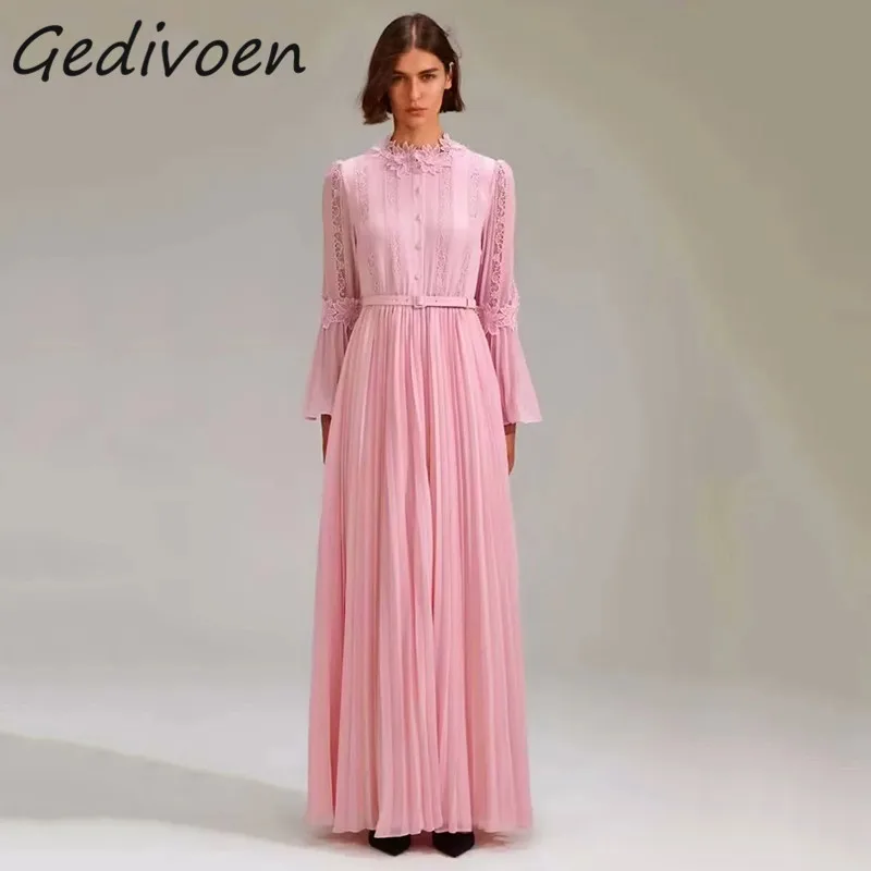 

Gedivoen Summer Fashion Runway Vintage Pink Pleated Dress Women's Flare Sleeve Appliques Lace Hollow Out Sashes Party Long Dress