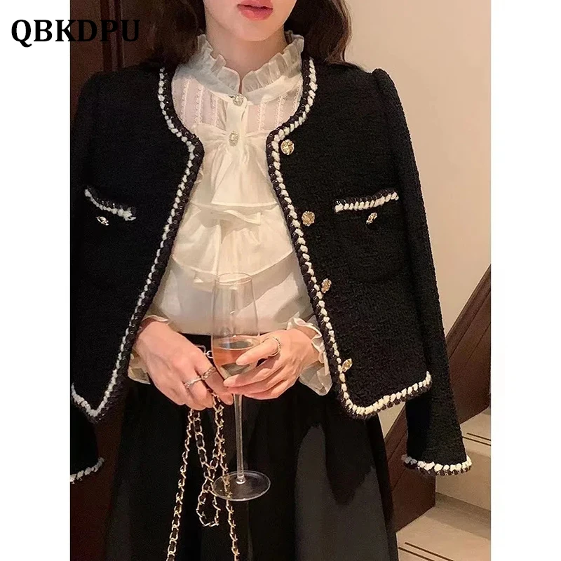 PIKADINGNIS Black Cropped Tweed Jacket Women Korean Fashion Single Breasted  Lapel Coat Woman Elegant Luxury Design Short Outerwear 