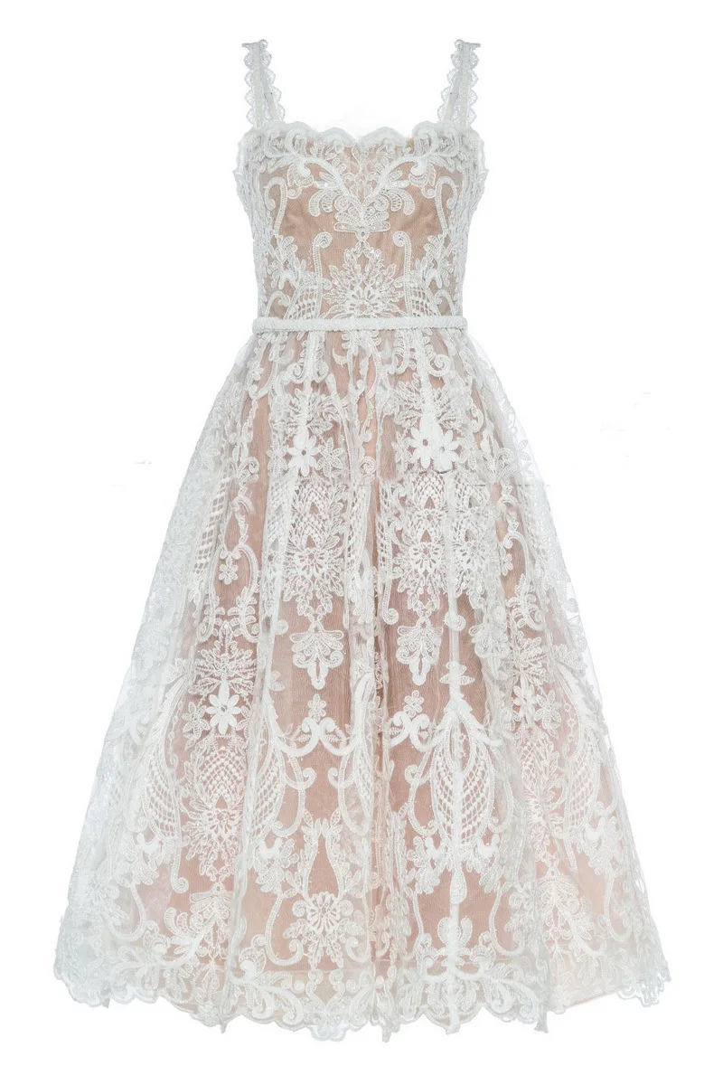Square Neck Lace Embroidery Elegant Long Dress Fairycore Waist Sleeveless Camisole Dresses Women 2025 Spring Summer 23A8639