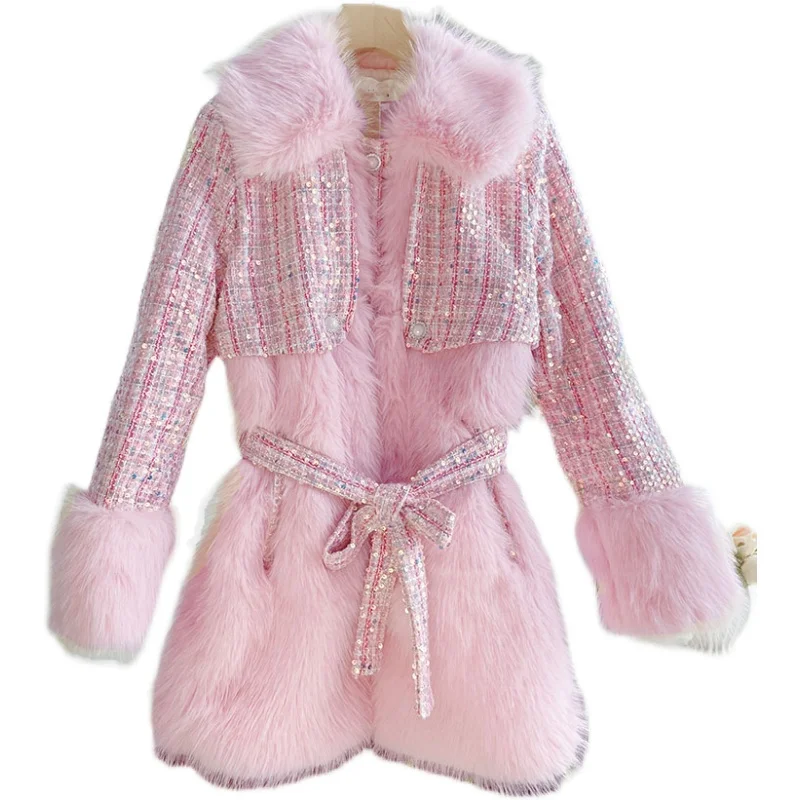 2023 Winter Sweet Slim Waist Young Lady Faux Fox Fur Coat Fuzzy Fur Collar Patchwork Woolen Jackets For Female Elegant Outwear