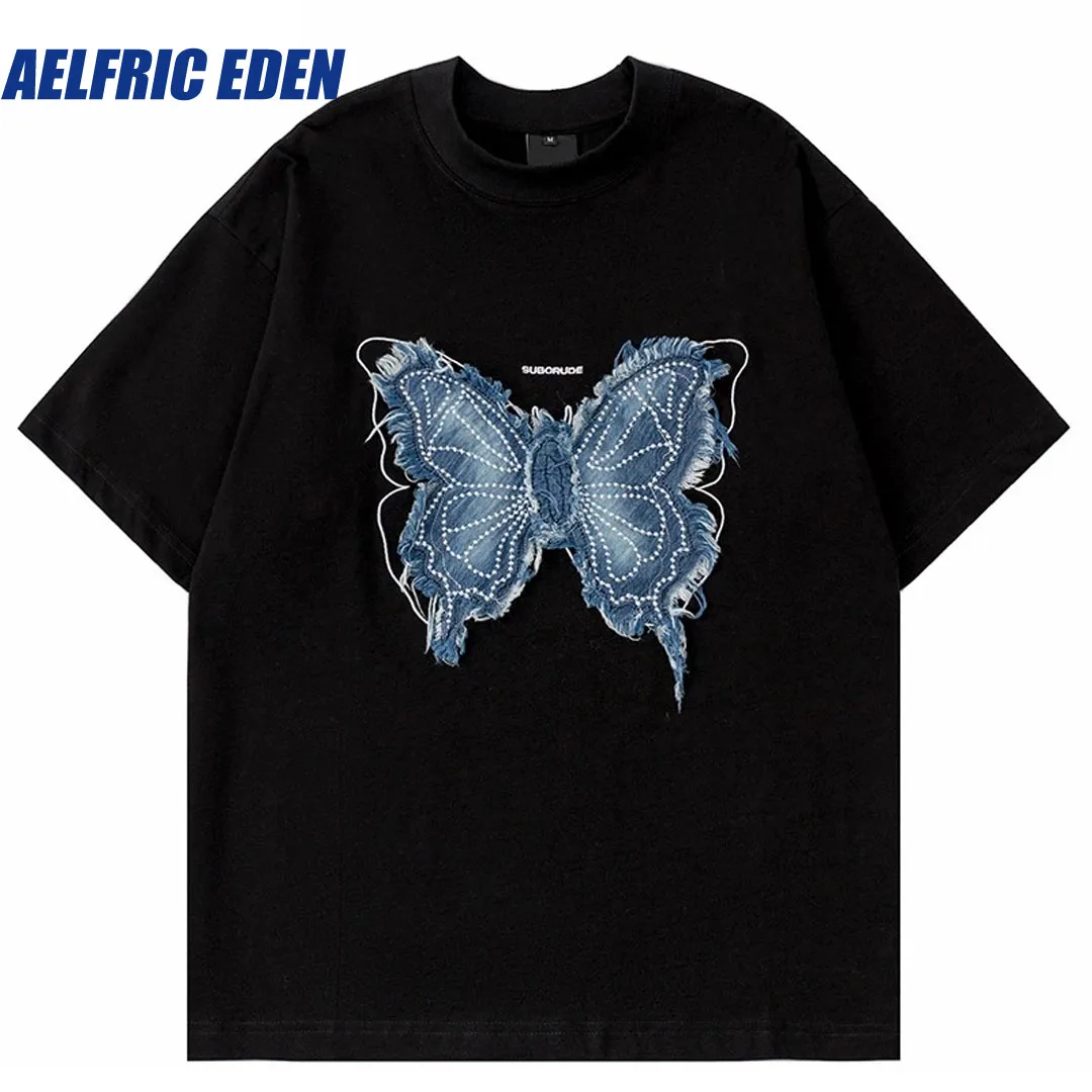 

Aelfric Eden 2024 Men Hip Hop T-Shirt Butterfly Embroidery Patches Tshirt Y2K Summer Cotton T Shirt Harajuku Casual Tops Tees