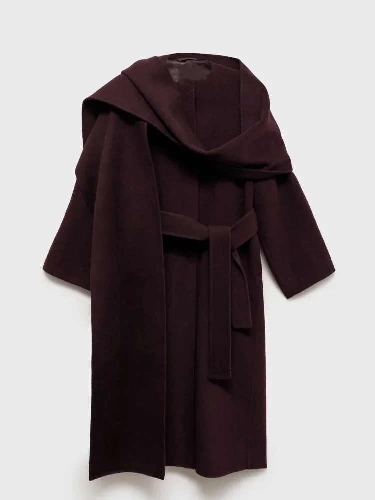 Women Elegant Burgundy Red Scarf Collar Woolen Overcoat Fashion Full Sleeve With Belt Casual Coat New Autumn Winter Lady Outwear 4